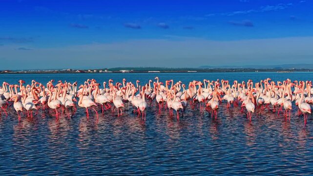 Group of pink flamingos standing in deep blue water during day. Detailed shot of flamingo colony wading in a lagoon with clear blue sky background.