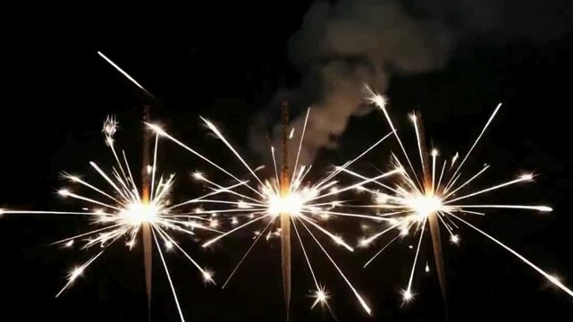 Three sparklers burning brightly with sparks flying against a dark background, creating a festive and vibrant atmosphere. video