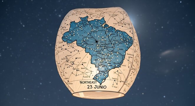 A glowing lantern with a map of Brazil on a starry night sky background