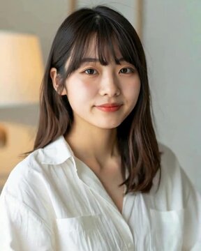 A young woman with long dark hair and bangs, wearing a white shirt, looks straight at the camera in a softly lit indoor setting. smile video	
