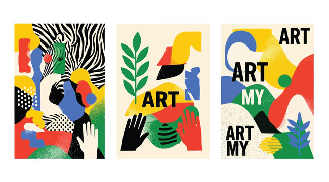 Set of three abstract contemporary posters with organic shapes, hands, leaves, and zebra pattern