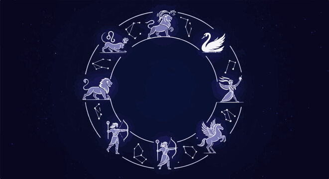 Zodiac wheel with mythical creatures and figures on starry background