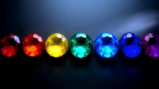 Vibrant Rainbow Gemstone Collection Nine Colorful Polished Crystals Displaying Brilliant Spectrum Colors on Dark Background High Quality Macro Shot
