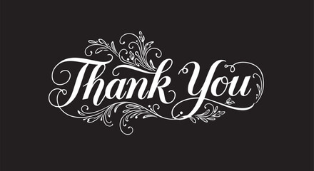 White calligraphy "thank you" with floral swirls on black © miht3325