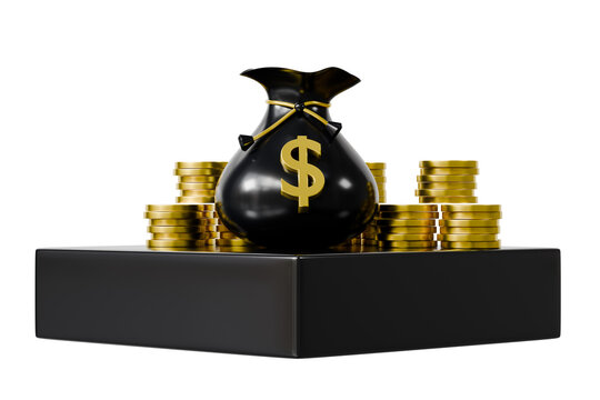 3d money bag and coin stacks icon. wealth concept. minimal cartoon cash bag finance symbol for investment and savings. isolated on white transparent background. 3d render.