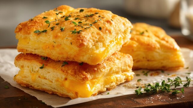 Golden Puff Pastry Squares Filled With Melted Cheese Sprinkled With Fresh Herbs