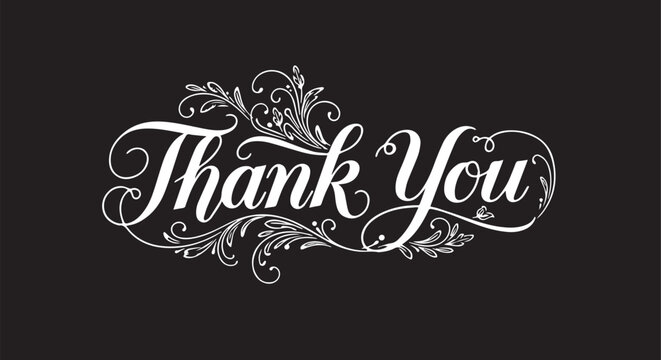 White calligraphy "thank you" with floral swirls on black