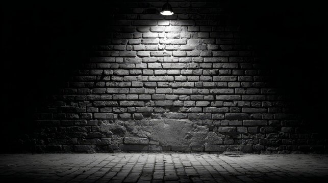 Bright spotlight on aged grey brick wall with textured ground.