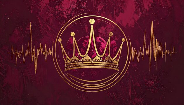 Golden crown with soundwave beats on dark maroon grunge background royalty concept