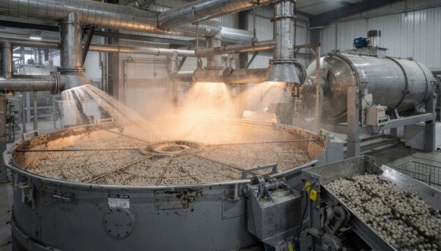 Medium shot captures a pan granulator integrated with a drying system showcasing heated air circulation and granule hardening for highquality inorganic phosphate fertilizer