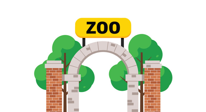 A classic stone archway featuring a bright yellow zoo sign stands prominently between red brick pillars and lush green trees under a clear white sky.