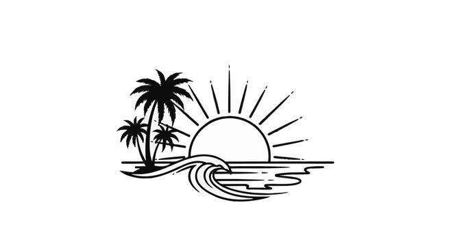 Stylized sunset over ocean with palm trees and breaking wave