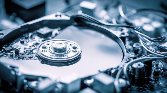 Hard Drive Storage Disk Platter Readwrite Actuator Head Electronics Circuit close-up view of open computer hard drive with exposed components, cabling and circuitry data storage hardware technology