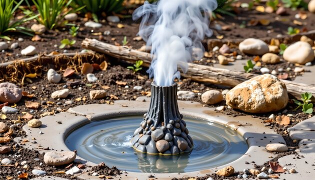 The image features a small, decorative water fountain with a textured, rock like exterior that is partially submerged in a circular pool of water