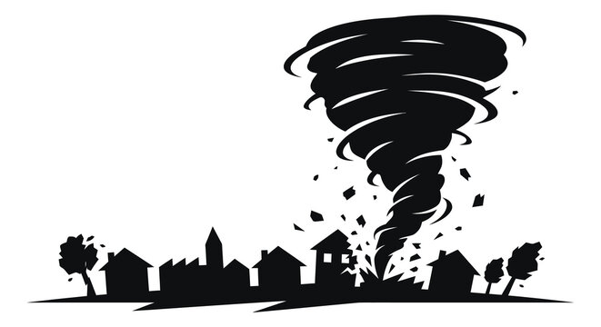 A destructive tornado looms over a town in striking silhouette