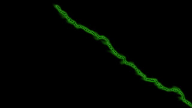 Diagonal green lightning bolt strike against black background a bright flashes
