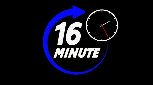 A graphic displays '16 minute' in bold green text, highlighted by a revolving blue arrow. a compact analog clock