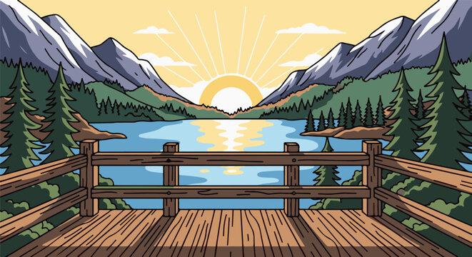 Sunrise over a serene lake framed by mountains and pine trees, viewed from a wooden deck