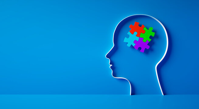 Conceptual artwork showing a 3D silhouette of a head with colorful puzzle pieces, symbolizing mental activity, intelligence, or creativity - 3D illustration on blue