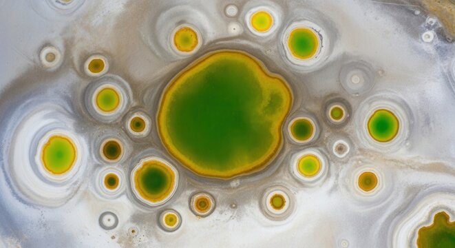 Abstract aerial view of vibrant green and yellow circular patterns resembling cells or microbial colonies in a saline environment.