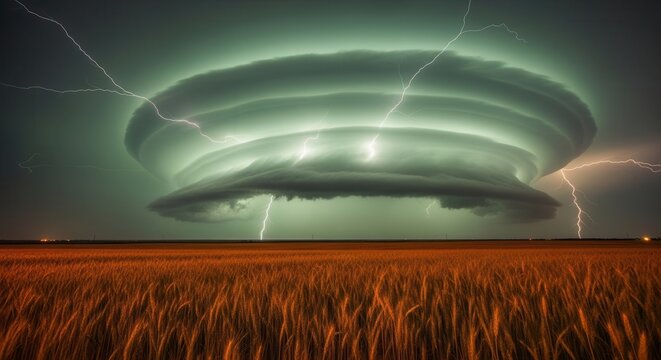 A dramatic supercell thunderstorm with lightning strikes illuminating its swirling green and grey clouds over a golden wheat field.
