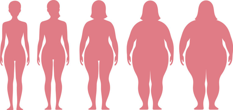 Female body types silhouette set showing different shapes from slim to plus size illustrating diversity, health, and body positivity concept