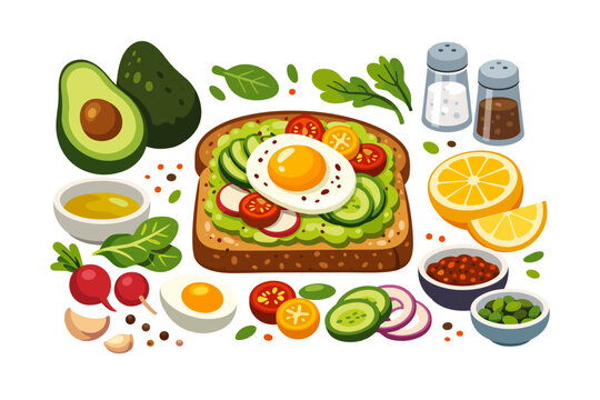 Healthy Avocado Toast with Fried Egg and Fresh Ingredients Vector Illustration, Featuring Sliced Avocado, Cherry Tomatoes, Cucumber, Radish, Lemon, Spices, and Olive Oil for Nutritious Breakfast.