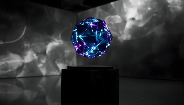 Floating blue crystal orb on dark pedestal in modern gallery lighting for futuristic concept