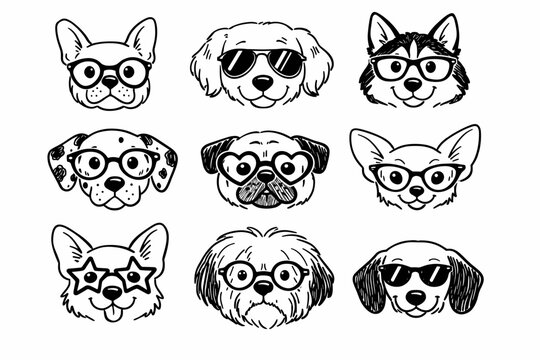 Vector Illustration of Cute Dog Faces Wearing Glasses Line Icon Set in Hand Drawn Doodle Style, Funny Canine Characters with Sunglasses and Eyewear for Pet Lovers and Creative Graphic Designs.