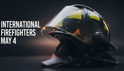 Fototapeta premium Firefighter helmet reflecting flames with international firefighters day may 4 text