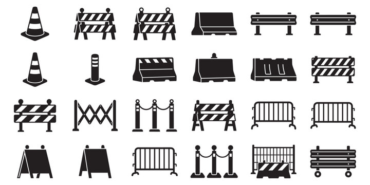 Construction barrier and traffic cone icon. Construction barrier and traffic cone illustration set featuring warning signs, safety barricades, and caution elements for roadwork designs. Vector Illustr