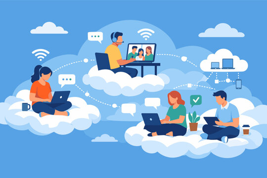 Remote Team Working on Cloud Computing Network with Wireless Technology for Virtual Office Collaboration. People Using Laptops and Tablets for Global Business Communication and Innovation.