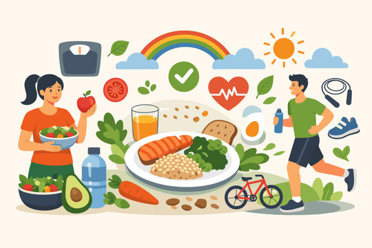 Healthy Lifestyle and Nutrition Concept Illustration with People Exercising and Eating Balanced Meals for National Nutrition Month, Featuring Fresh Vegetables, Fruits, Protein, and Fitness Icons