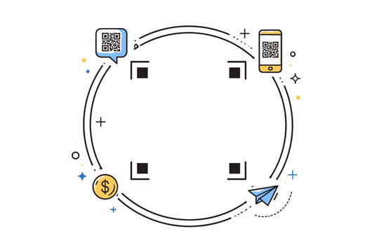 Scan Me QR Code Placeholder with Mobile Phone, Dollar Coin, and Paper Plane Icons. Thin Line Vector Illustration for Digital Payments, Marketing Stickers, App Interface, and Online Transactions.