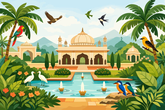 Tropical Mughal Garden Illustration with Palace Architecture, Palm Trees, Exotic Birds, Fountains, and Mountains. Beautiful Wallpaper Design with Kingfishers, Parrots, and Egrets in Lush Nature.