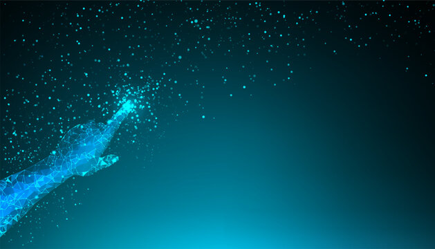 Digital hand emerging from glowing particles on blue background