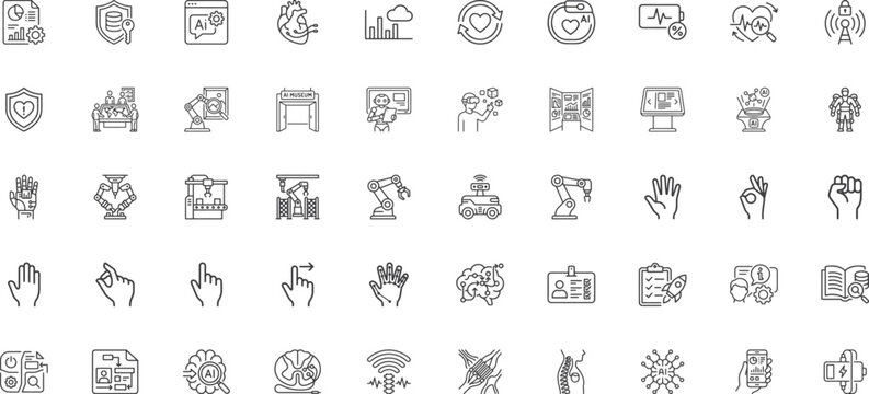 Human computer interaction and medical healthcare technology line icon set