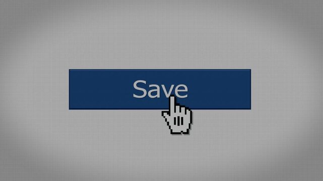 Animated cursor clicking a Save button on a digital interface, representing data saving, file storage, user action, and software workflow. 15122  