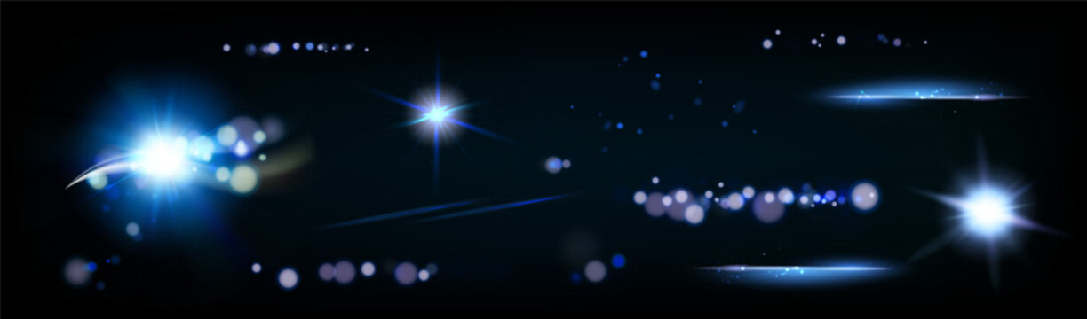 Horizontal row of lens flares and sparkles on dark background