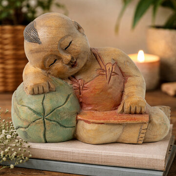 Wooden BUDDHA Figurine: Sleeping Child on Watermelon - Oriental Good Luck Decor 