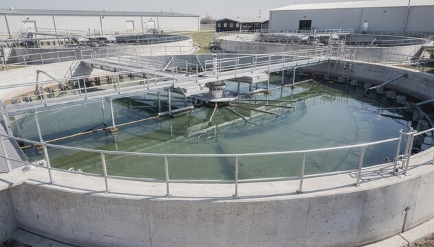 Medium shot of a circular clarifier basin in a wastewater treatment plant showing clear calm water during the settling process under bright daylight.