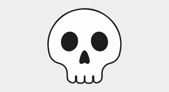 Stylized skull with black eye sockets, nose, and teeth on white