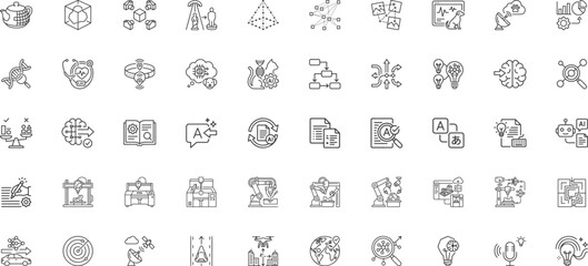 Advanced 3D scanning genetics and language translation technology line icons © HM