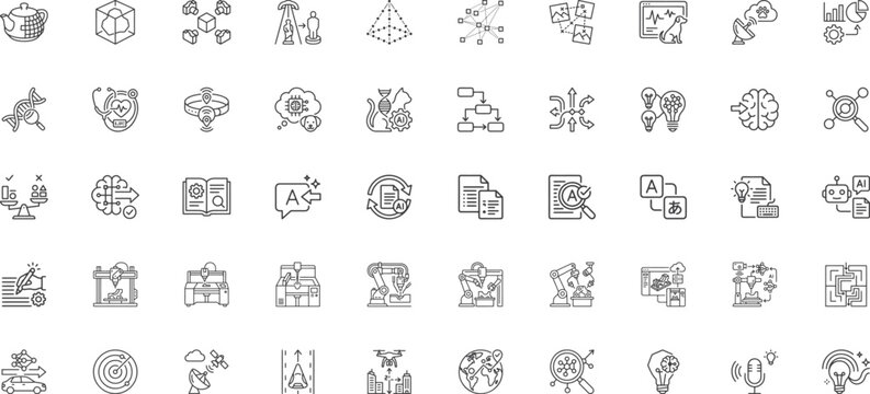 Advanced 3D scanning genetics and language translation technology line icons