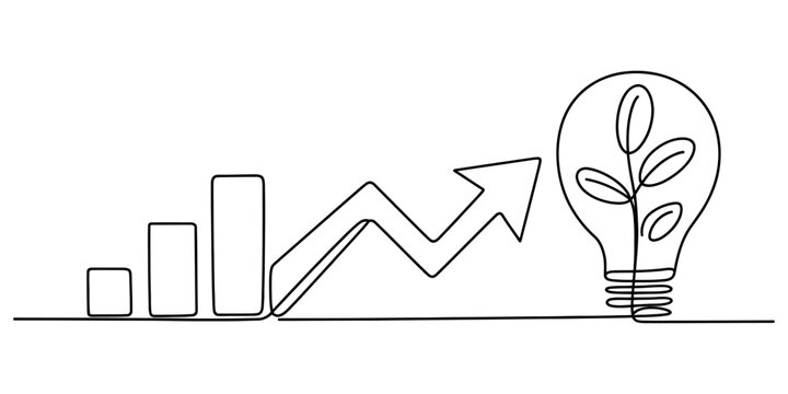 One line art depicting economic growth with a bar chart, rising arrow, and ecological light bulb. Vector, illustration