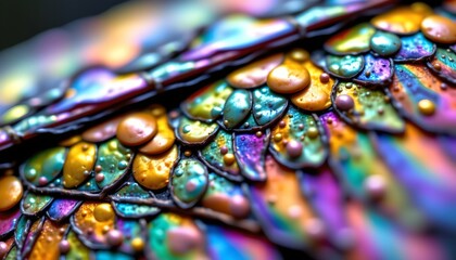 Fototapeta premium The image features a close up view of iridescent, multicolored scales or droplets arranged in a layered pattern