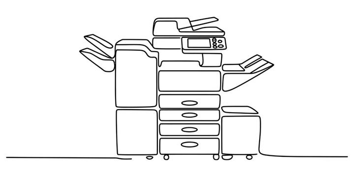 A single continuous line drawing of a large office printer machine showing the paper trays the scanner bed and the output bin on a white background creating a minimalist artistic look for the design. 
