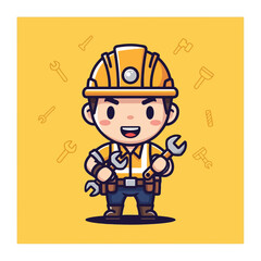 Fototapeta premium Cartoon Construction Worker Holding Wrenches with Cheerful Expression.