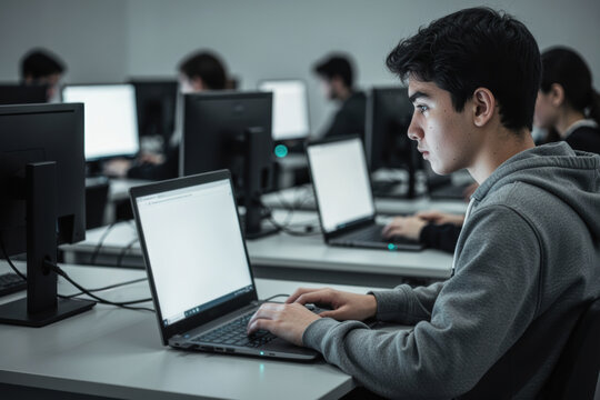 Male student using laptop in computer lab focused on digital learning environment