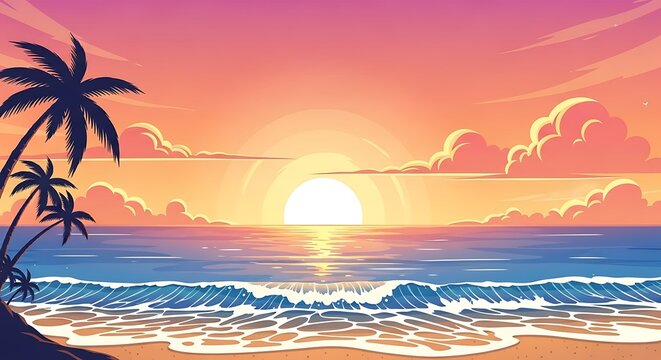 Tropical beach sunset with palm trees and ocean waves